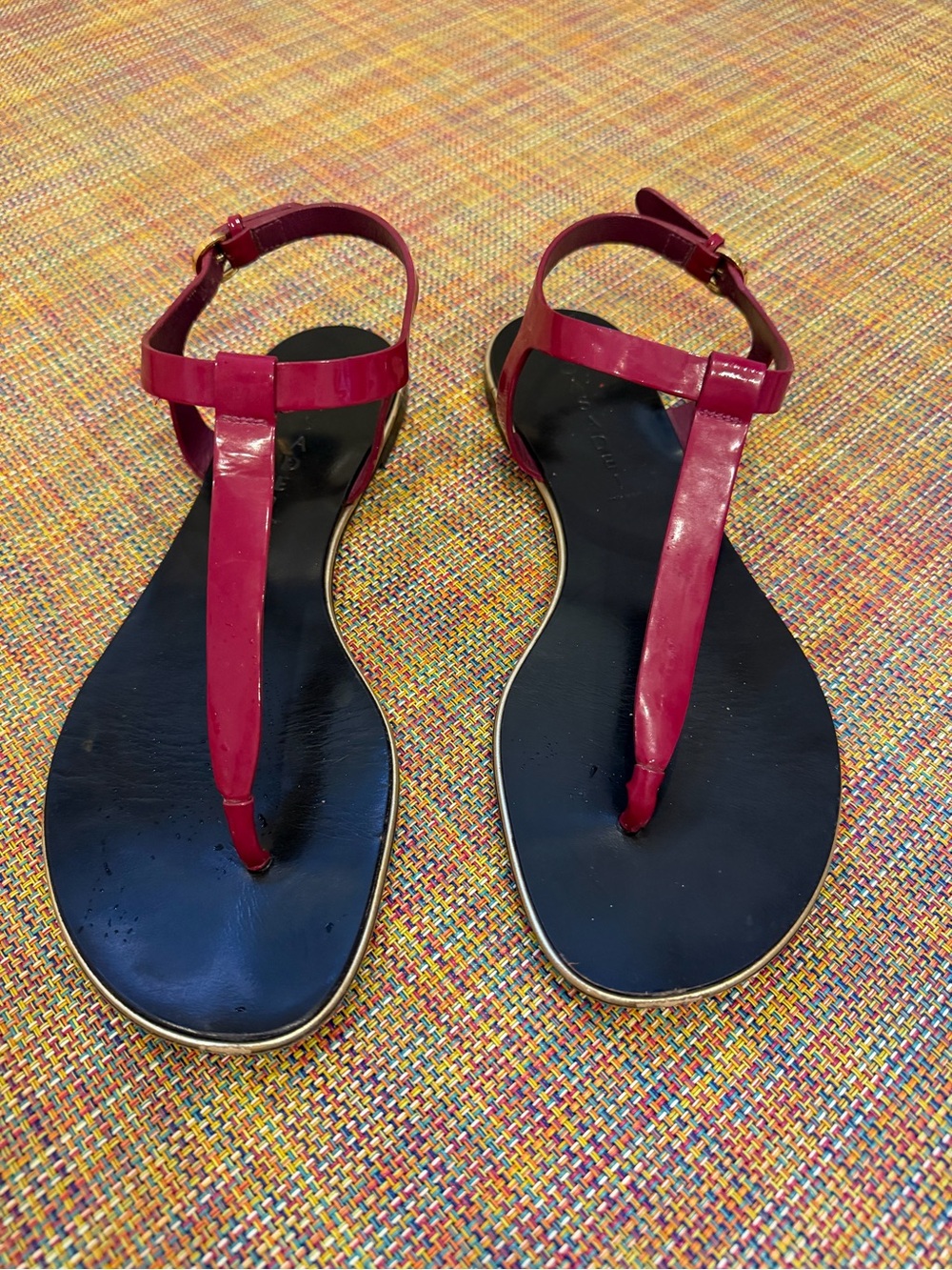 Casadei Patent Burgundy T‑Strap Sandals with Black Footbed